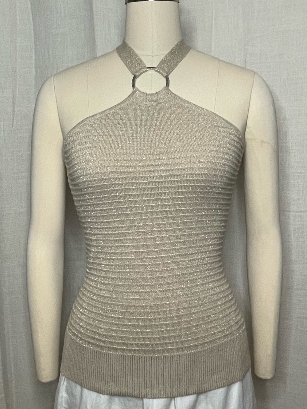🤍Y2K NY&C Cream/Beige Metallic Ribbed Halter Tank with Ring